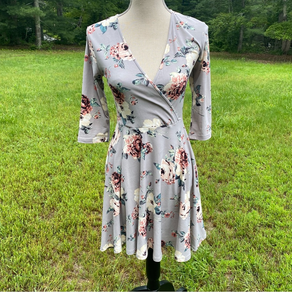STELLA TWEED DRESS MINI FIT FLARE COTTAGE CORE GRAY CREAM FLORAL SIZE S